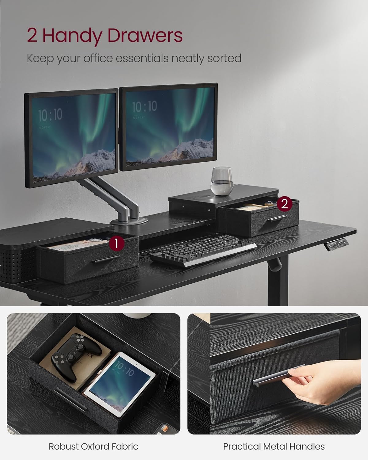 LEDREM Electric Standing Desk with Drawers, 55.1 x 23.6 Inches Sit-Stand Desk with Adjustable Height, Power Outlets, LED Lights, Storage Shelf, 3 Memory Buttons, Ink Black