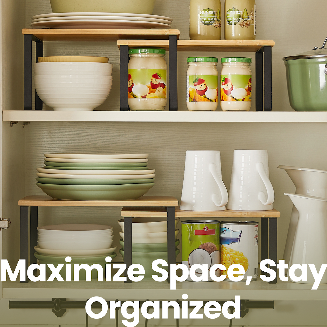 Kitchen Cabinet Organizer Shelf Set of 4 - Stackable & Expandable Countertop Storage, Spice Rack for Pantry, Metal Frame & Wood Top, Ink Black & Natural Beige