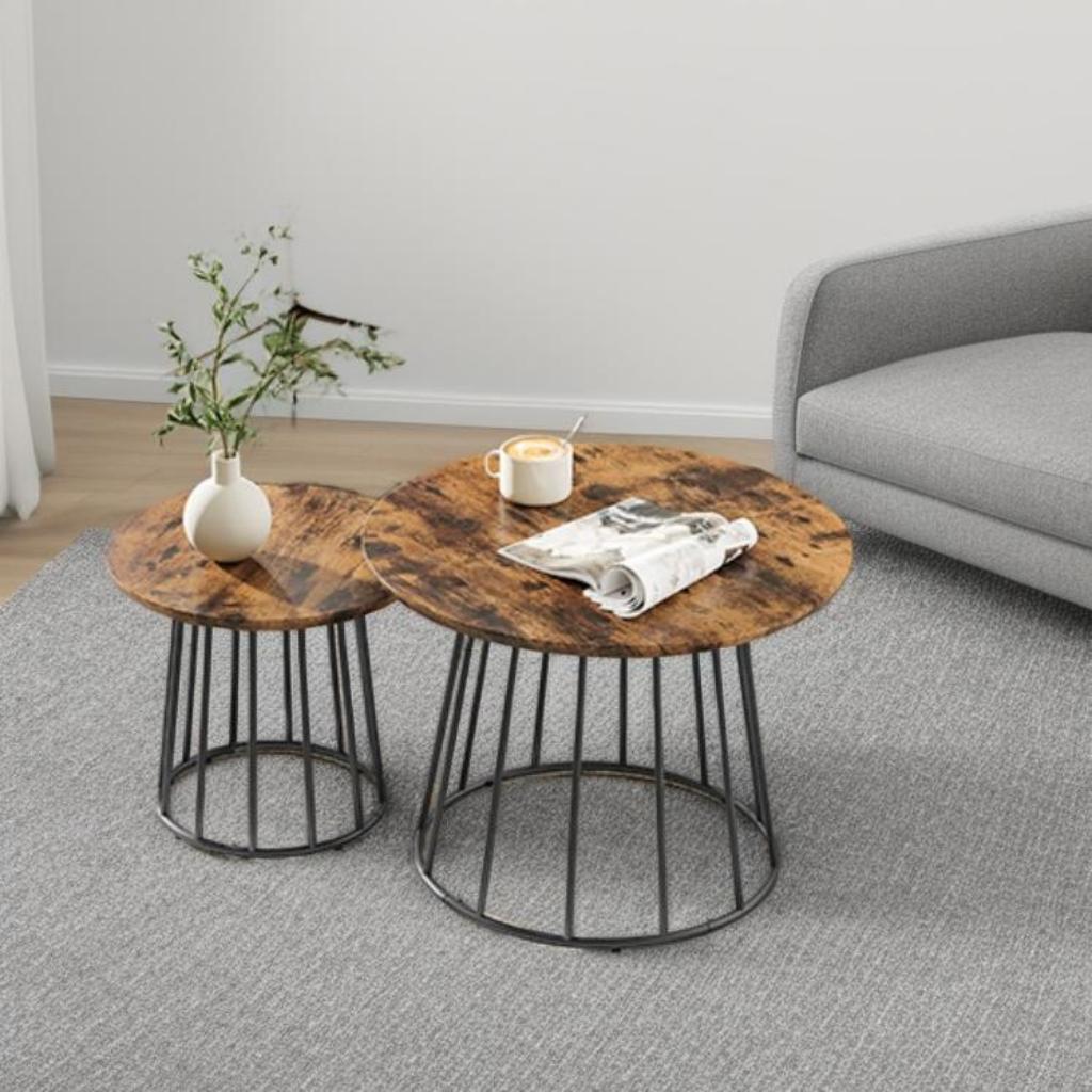 Set of 2 Round Coffee Tables, Modern Nesting Side Tables with Steel Frame, for Living Room & Bedroom, Rustic Brown