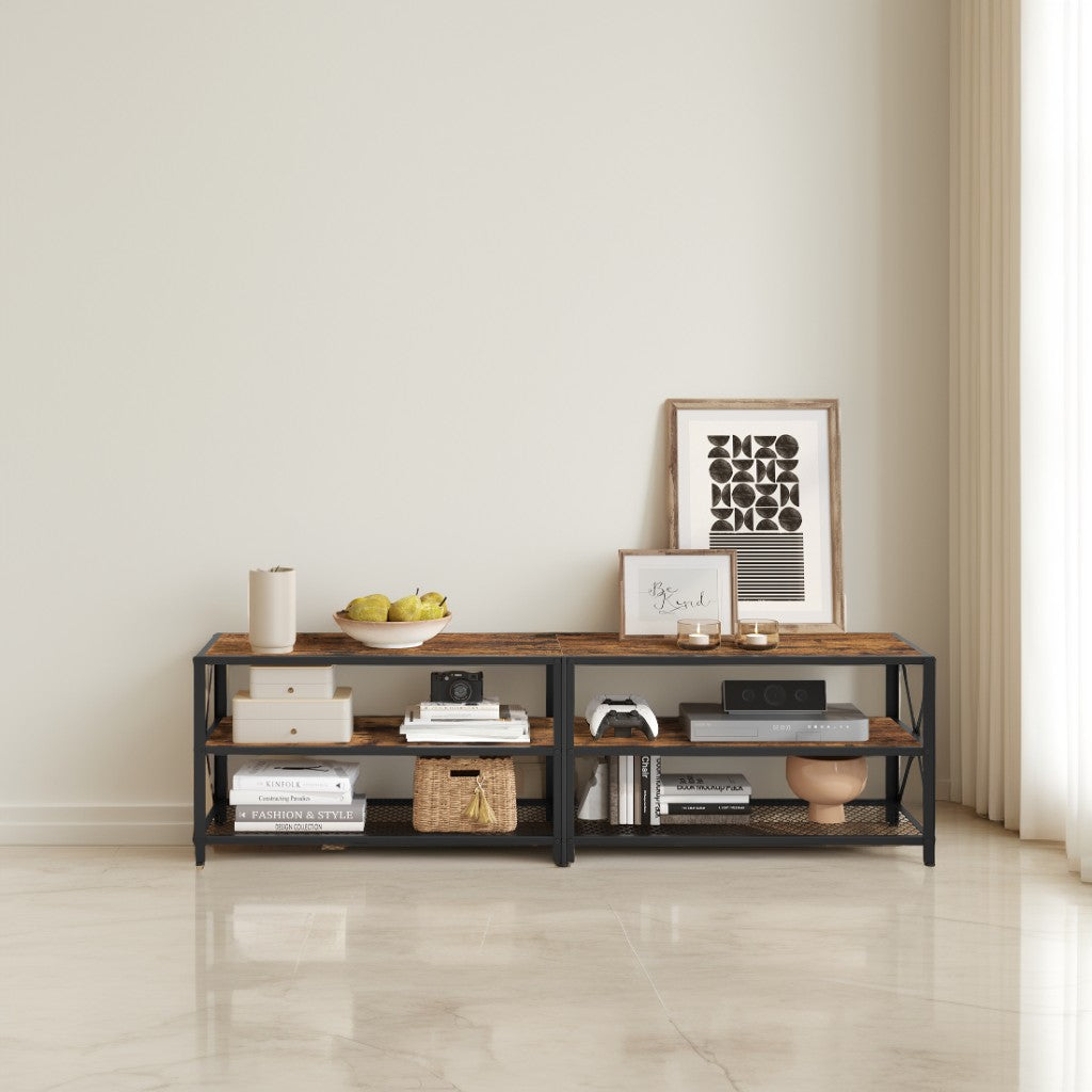 75-Inch TV Stand Console, 70.1 Inch Wide Entertainment Center with 3 Storage Shelves, Steel Frame, Rustic Brown & Black