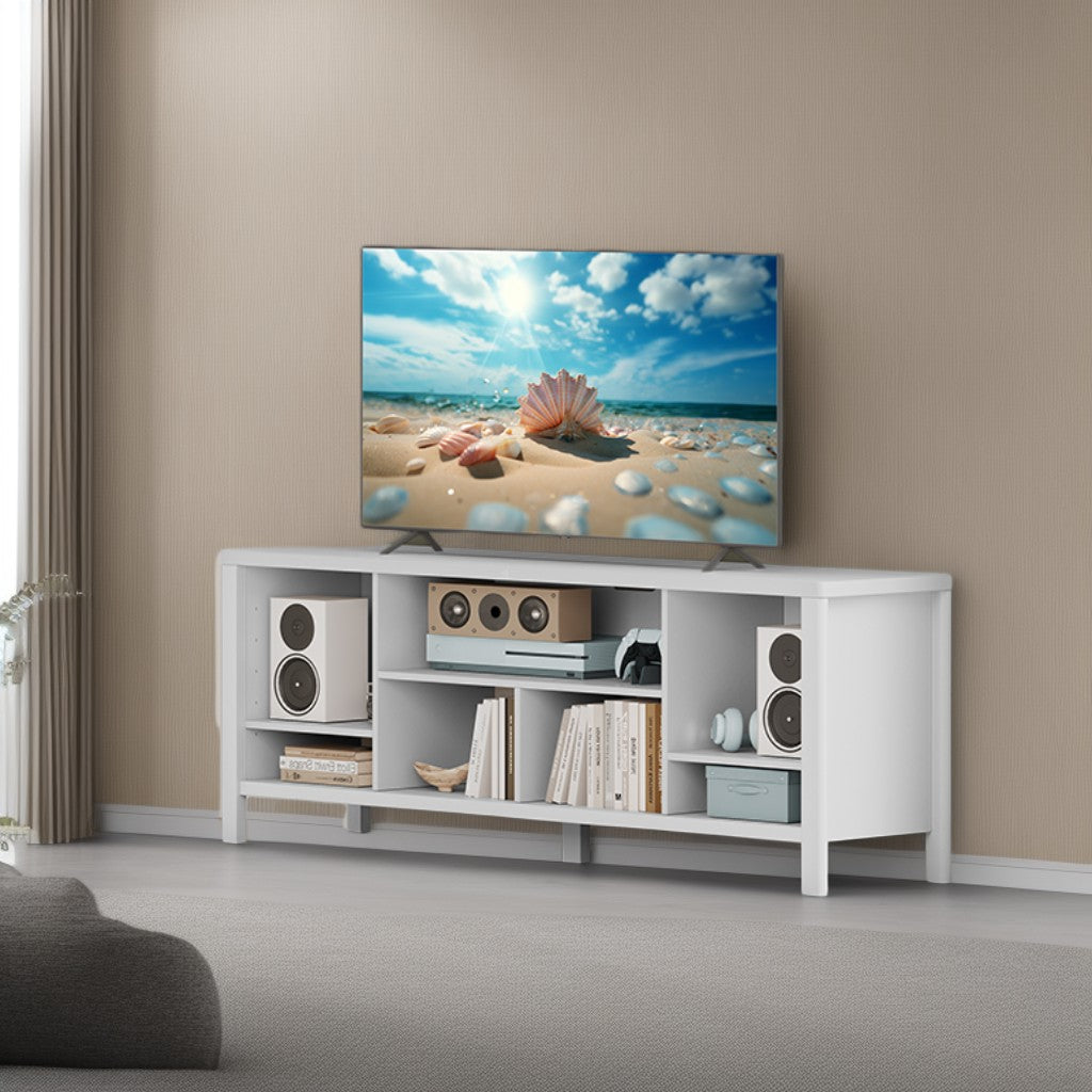 70-Inch TV Stand Console, 7-Compartment Entertainment Center with Storage Shelves, 200 lb Capacity, Cloud White