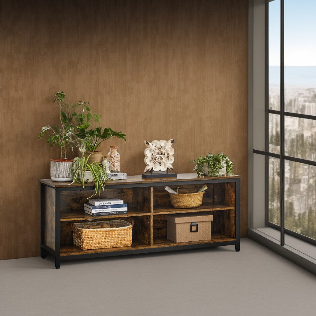 65-Inch TV Stand with Adjustable Shelves, Industrial Entertainment Center with Cable Management, 57.9 Inch, Rustic Brown & Black
