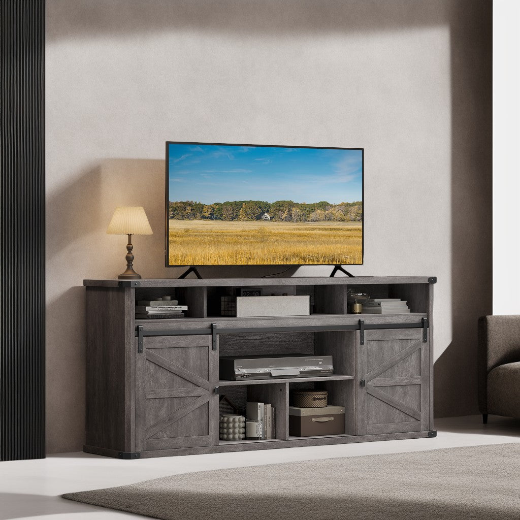 75-Inch Farmhouse TV Stand, Entertainment Center with Sliding Barn Doors & Built-In Charging Station, 10-Compartment Storage, Misty Gray