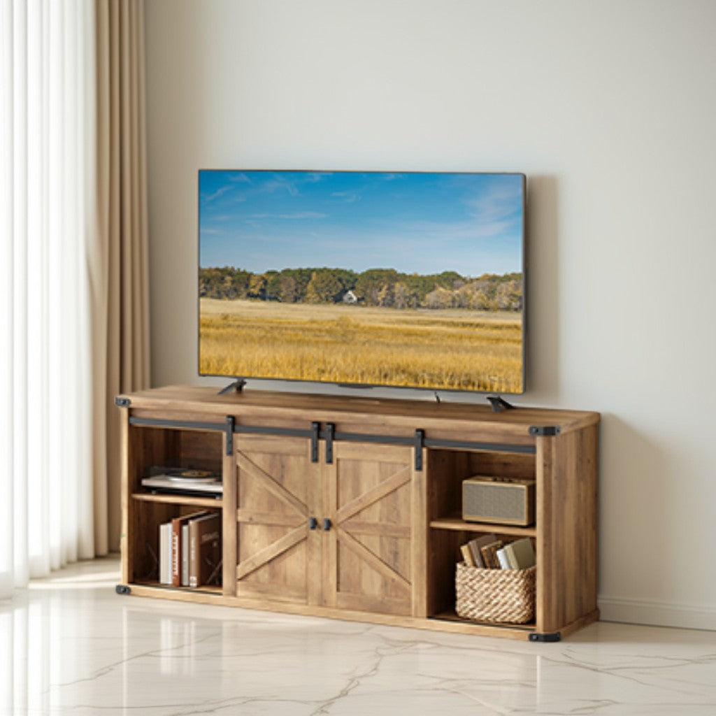65-Inch Farmhouse TV Stand, Entertainment Center with Sliding Barn Doors & Built-In Charging Station, 7-Compartment Storage, Honey Brown