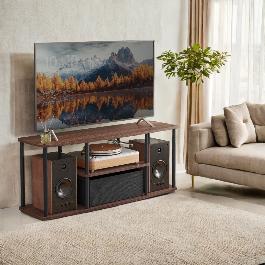 50-Inch TV Stand, Tool-Free Assembly Media Console with 3 Shelves & Fabric Drawer, 43-Inch Compact Cabinet, Natural Walnut & Ink Black