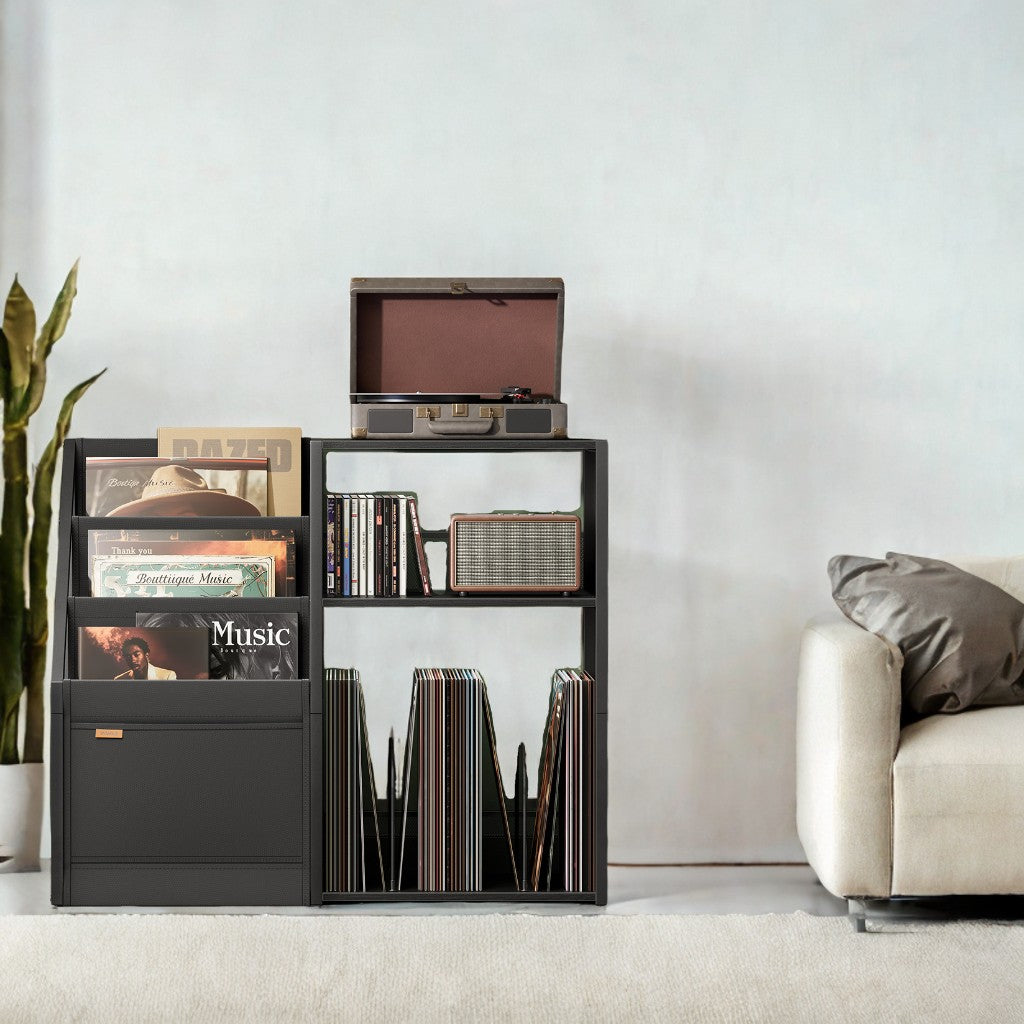 3-Tier Record Player Stand, Vinyl Record Storage for 140 Albums with Display Rack, Side Table for Living Room, Ebony Black