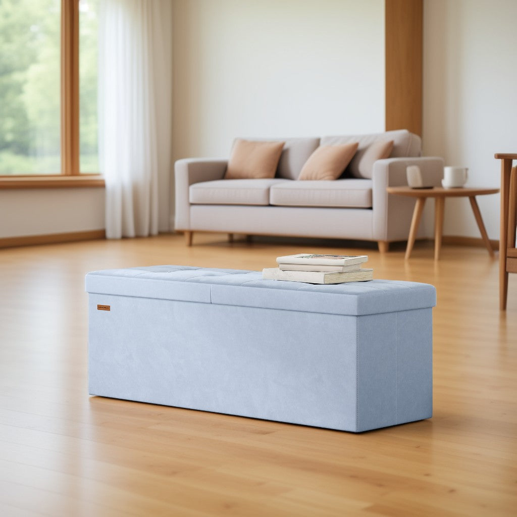 43" Storage Ottoman Bench with Flipping Lid, Foldable MDF Seat with Divider, 660 lb Capacity for Entryway, Living Room, Bedroom, Velvet Footstool, Pale Blue