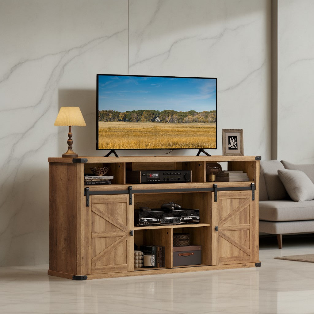 65-Inch TV Stand with Sliding Barn Doors, Farmhouse Entertainment Console with Built-In Charging Station and Adjustable Shelves, Honey Brown