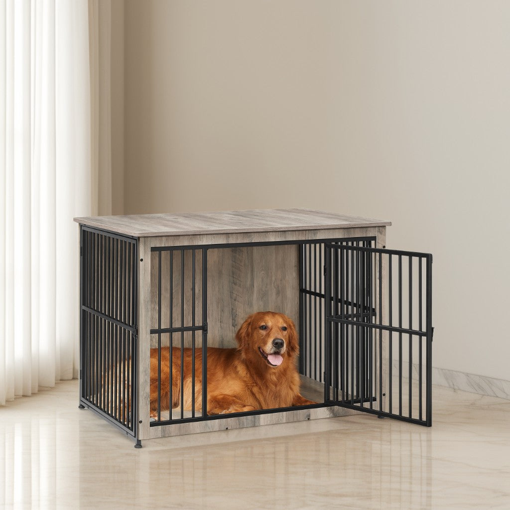 43.3-Inch Double-Door Dog Crate Furniture with Enclosed Base, Heavy-Duty Kennel for Dogs up to 80 lb, Greige