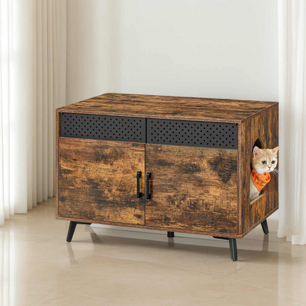 Cat Litter Box Enclosure Furniture with Removable Divider, High Legs, Hidden Cat House and Side End Table, Rustic Brown