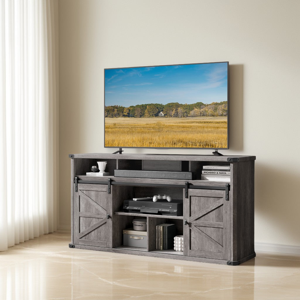 65-Inch TV Stand with Sliding Barn Doors, Farmhouse Entertainment Console with Built-In Charging Station and Adjustable Shelves, Misty Gray