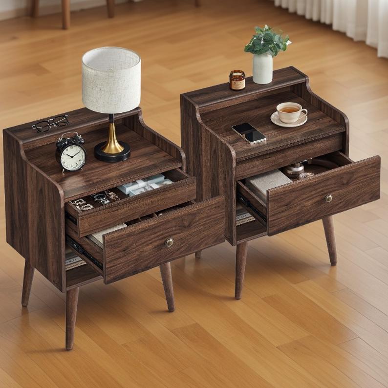 Set of 2 Mid-Century Nightstands with Hidden Drawer, Bedside Tables with Open Shelf and Large Drawer, Solid Wood Legs, Bedroom End Tables, Natural Walnut