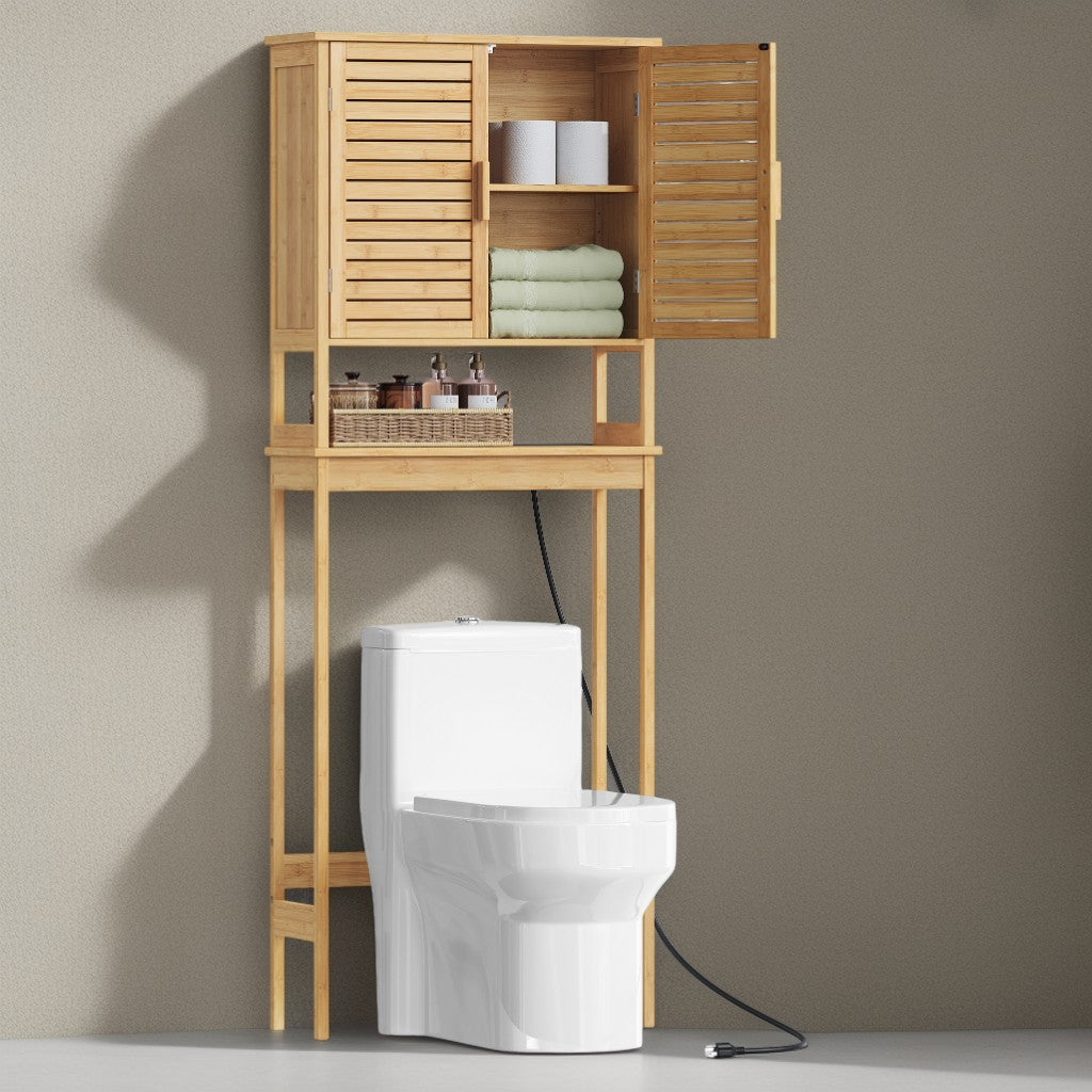Over-The-Toilet Storage Cabinet with Built-In Charging Station, Adjustable Shelf and Bottom Stabilizer, 3-Tier Bathroom Rack with Doors and Open Shelf, Natural Beige