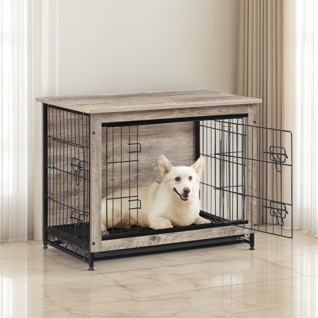 Dog Crate Furniture, 32.5-Inch Indoor Dog Kennel with Double Doors, Removable Tray, Side Table, for Dogs up to 45 lb, Greige