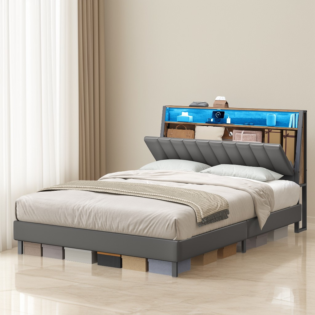 Queen Size LED Storage Bed Frame with Charging Station (4 Ports), Adjustable Lights & Upholstered Headboard, Dove Gray and Camel Brown
