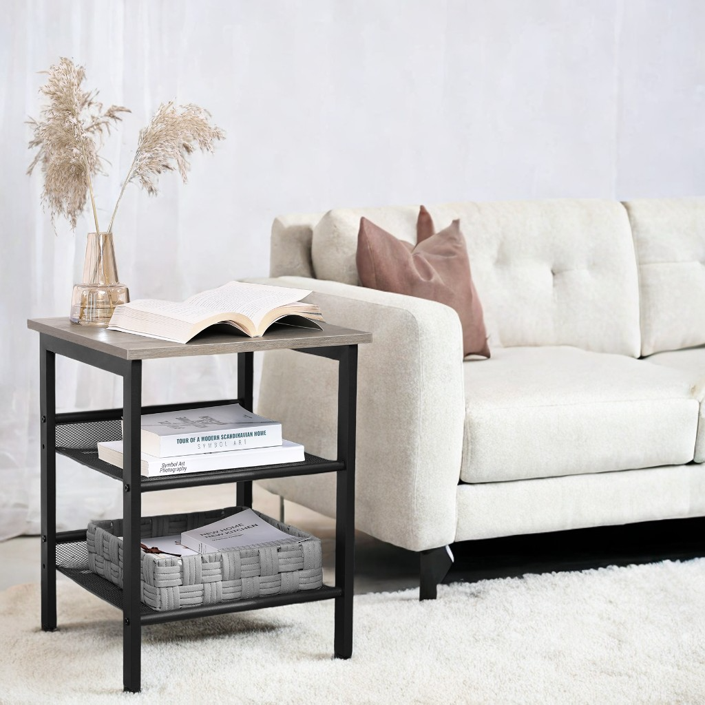 Nightstand Side Table with 2 Height‑Adjustable Mesh Shelves, Industrial Design with Sturdy Metal Frame, Easy to Put Together