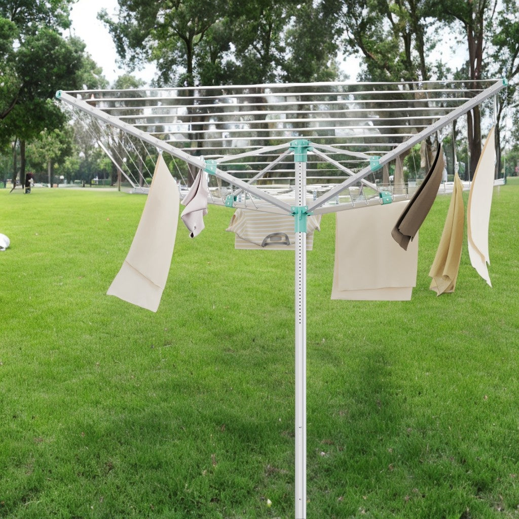 Retractable Outdoor Drying Rack, Height Adjustable Umbrella Clothesline 197 Ft Long, Holds 6 Loads with Ground Spike & Cover for Garden, Silver and Green