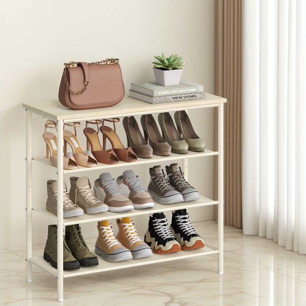 4-Tier Entryway Shoe Storage Organizer with 3 Fabric Shelves, Steel Frame Holds 9-12 Pairs, Adjustable Feet & Anti-Tip Kit, Natural Beige and Pearl White