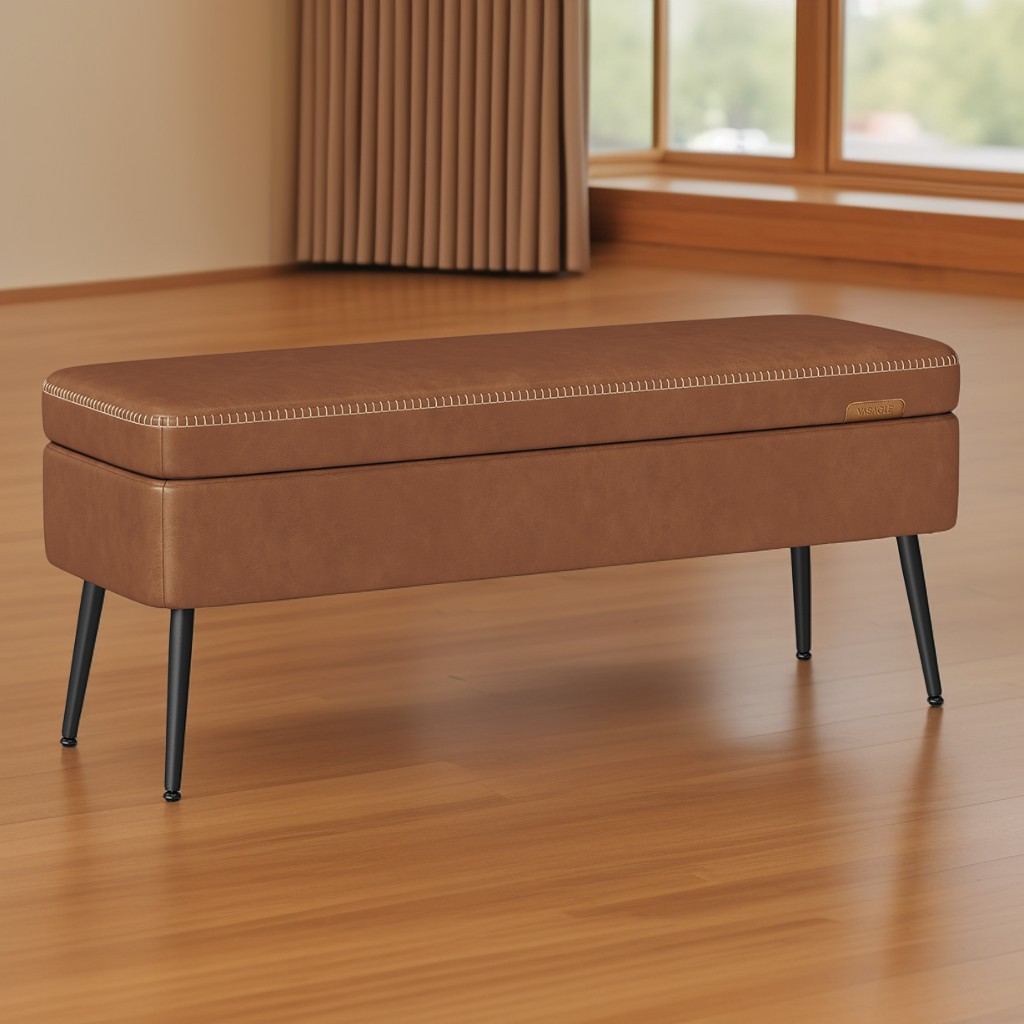 Storage Ottoman Bench, 15 Gal Entryway Bedroom Bench with Safety Hinges, Synthetic Leather Upholstery, 660 lb Capacity, Caramel Brown
