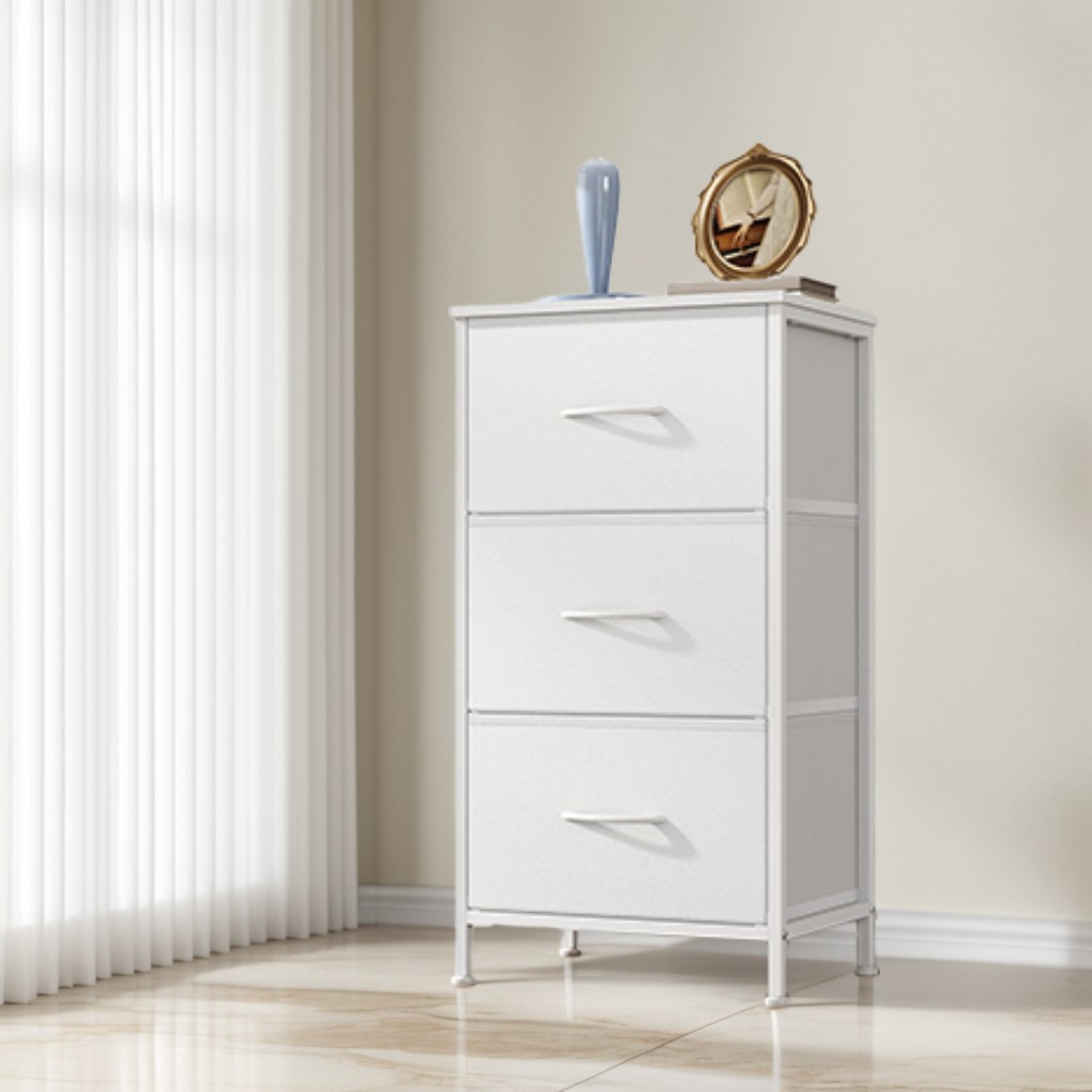 3-Drawer Storage Dresser with Steel Frame, Fabric Drawer Organizer for Bedroom, Closet, and Entryway, Cloud White and Snow White