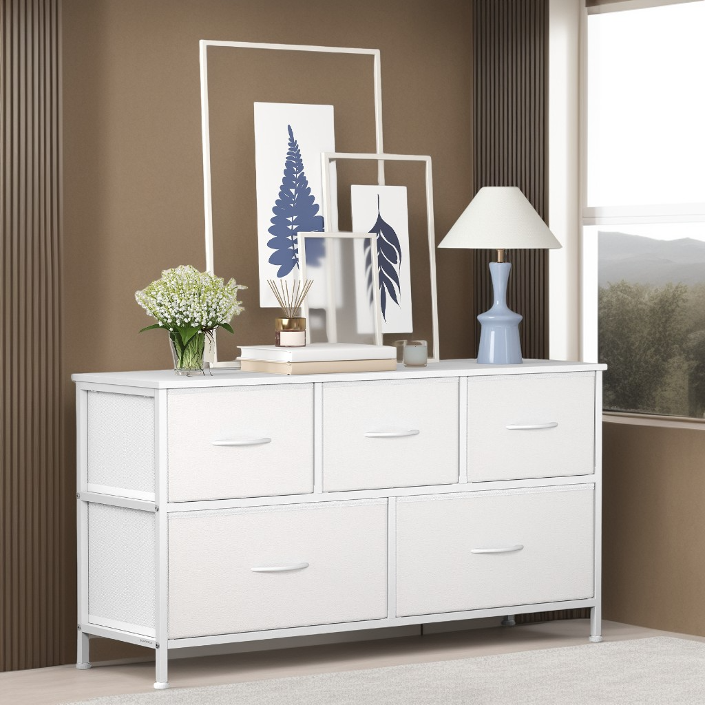 5-Drawer Storage Dresser with Steel Frame, Fabric Drawer Organizer for Bedroom, Closet, and TV Stand Use, Cloud White and Snow White