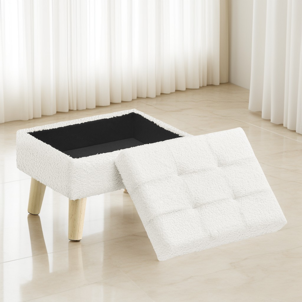 Rectangular Storage Ottoman with Teddy Fleece, 11.8 x 15.7 Inch Foot Stool and Small Table for Living Room and Hallway, Cream White