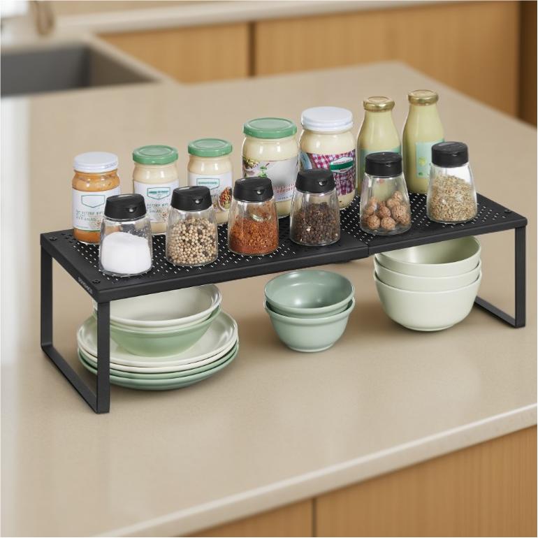 Expandable Spice Rack, Countertop Shelf Organizer, Adjustable 15-23.6 Inch Metal Cupboard Shelf for Kitchen, Matte Black