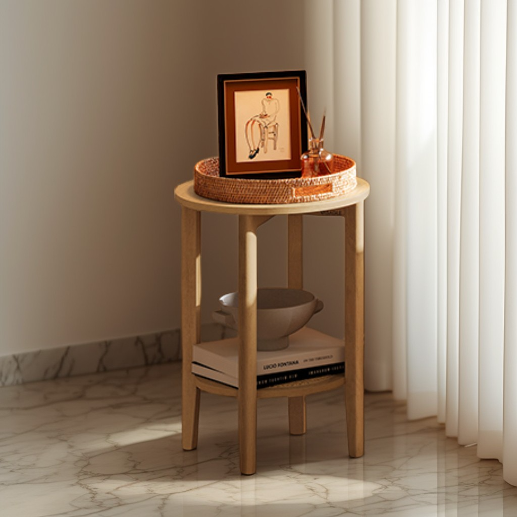 2-Tier Round Side Table with Rattan-Look Shelf, Boho Nightstand for Small Spaces, Living Room and Bedroom, Oak Beige