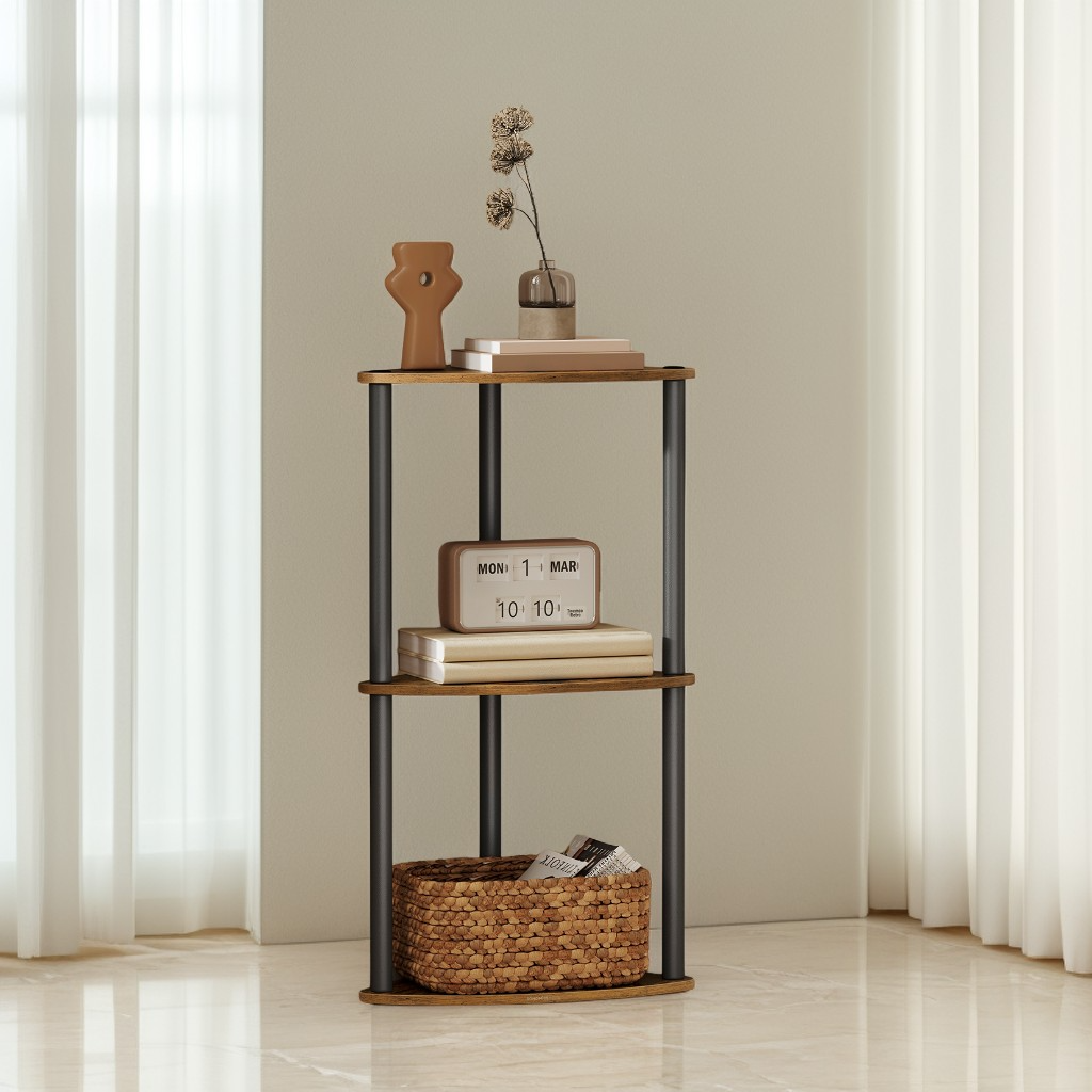 3-Tier Corner Shelf with Toolless Assembly, 15 x 10.6 Inch Standing Shelf for Living Room, Bedroom and Kitchen, Rustic Brown