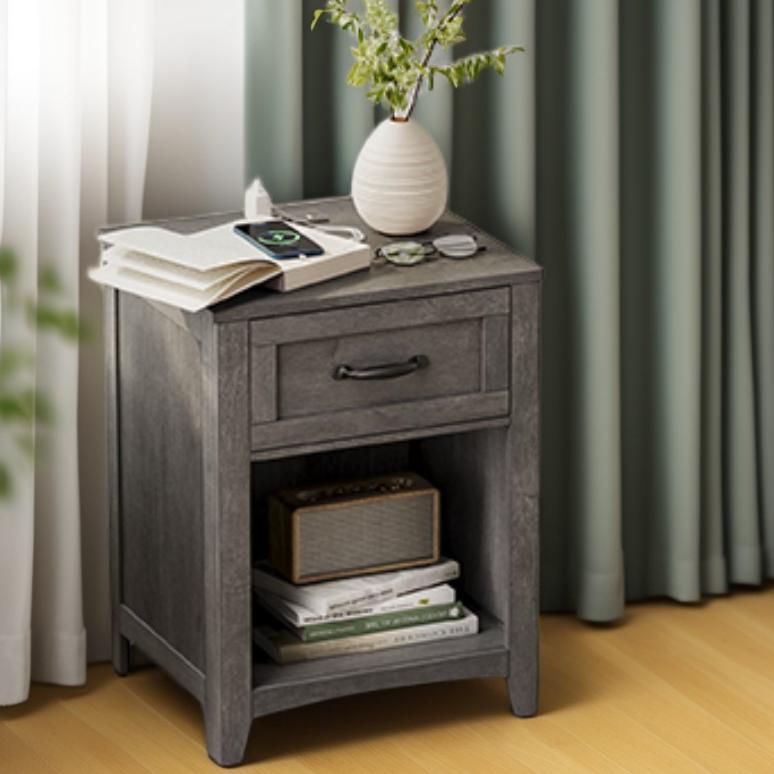 Set of 2 Farmhouse Nightstands with Charging Station, Side Tables with Drawer and Open Shelf for Bedroom, Misty Gray