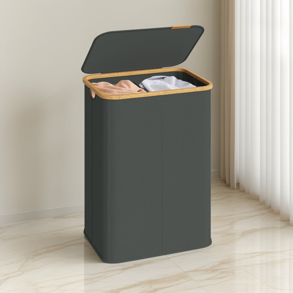 26.4 Gallon Laundry Hamper with Lid, Foldable Bamboo Frame Storage Basket for Bedroom and Living Room, Slate Gray