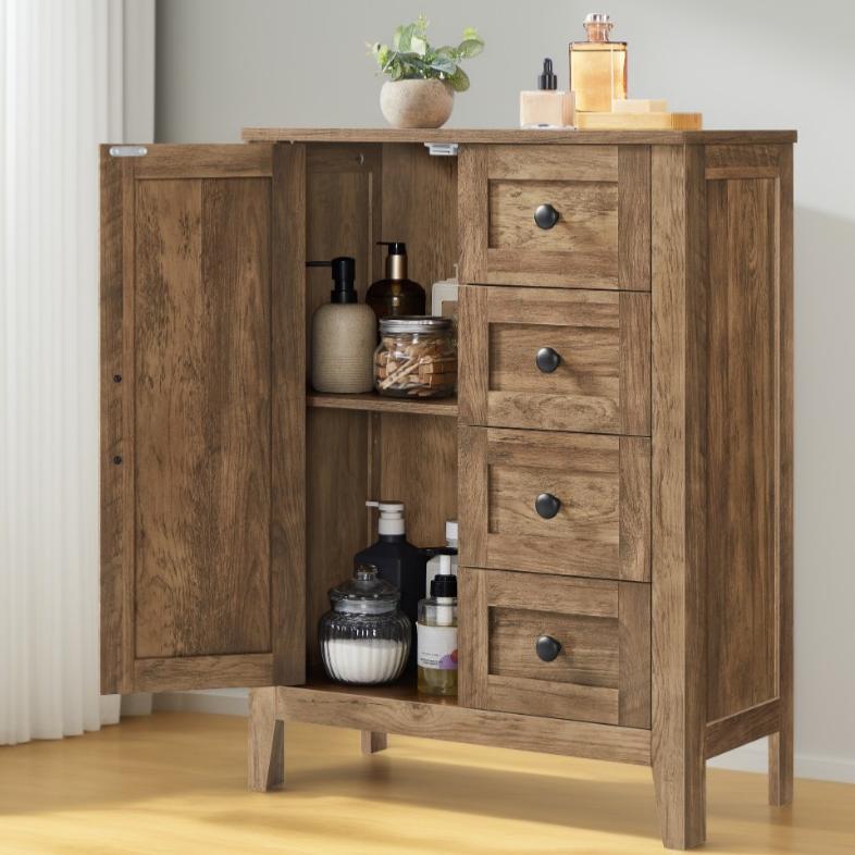 Farmhouse Storage Cabinet with 4 Drawers and Adjustable Shelf, Barn Door Floor Cabinet for Bathroom and Living Room, Honey Brown