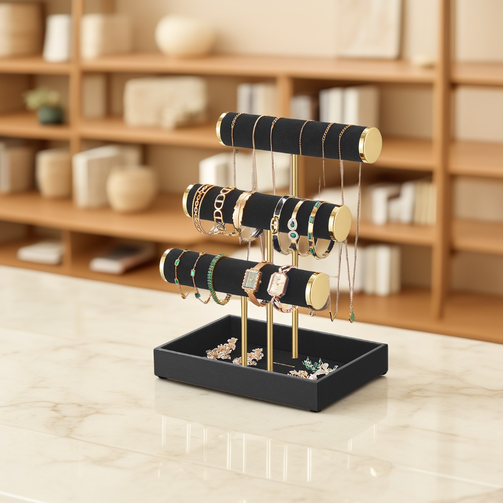 3-Tier Bracelet Holder Stand with Velvet Tray and Removable Ring Holder, Jewelry Display Organizer, Ink Black