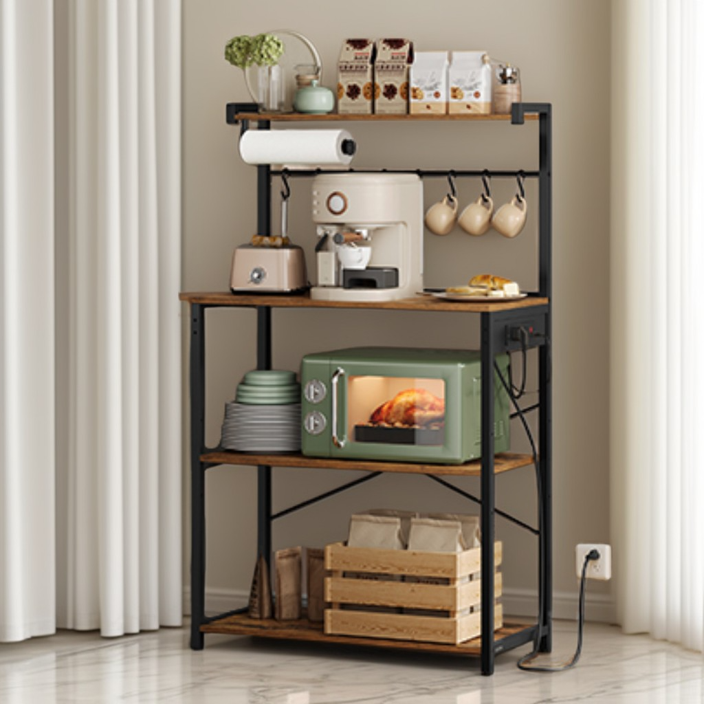4-Tier Kitchen Bakers Rack with Power Outlet, 31.5-Inch Wide Coffee Bar and Microwave Stand with Adjustable Shelf, Rustic Brown and Ink Black
