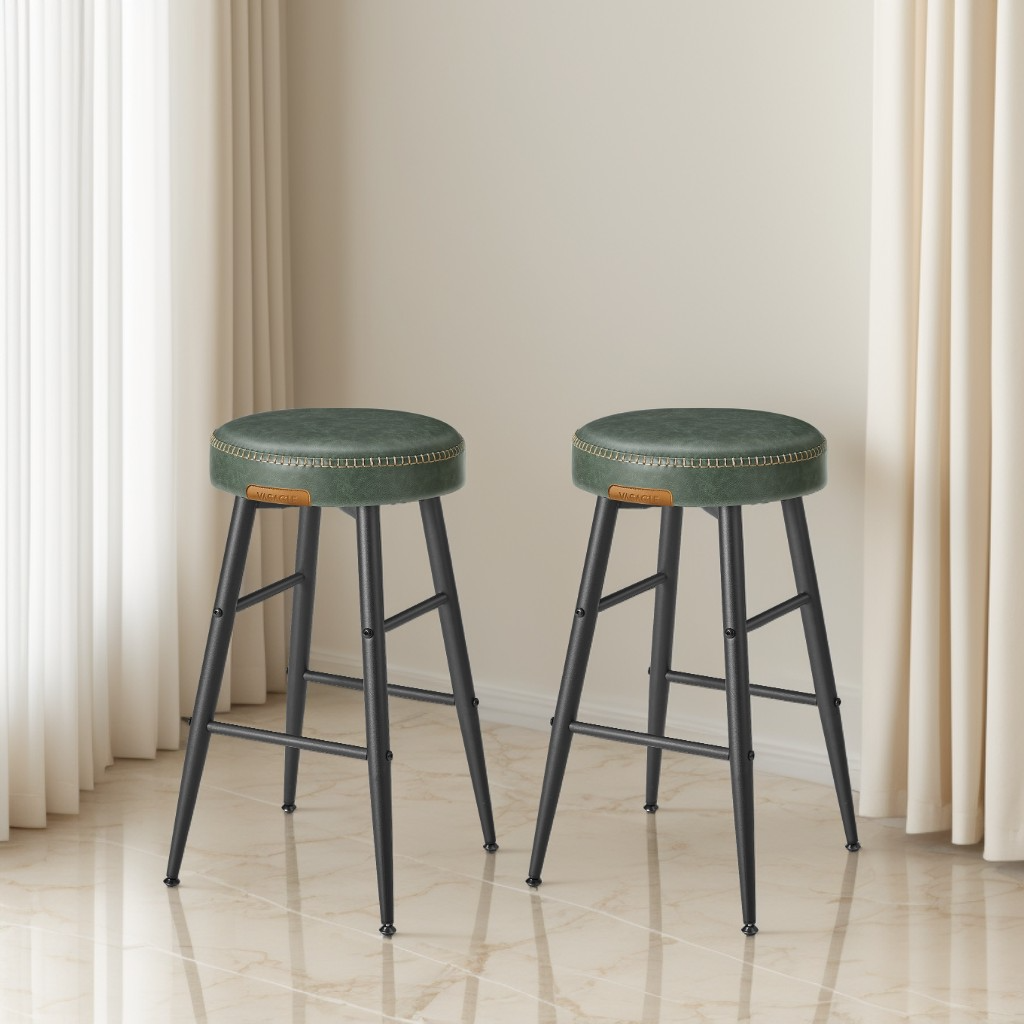 Set of 2 Counter Height Bar Stools, Mid-Century Modern Backless Stools with Staggered Footrests, 24.8-Inch Tall, Forest Green