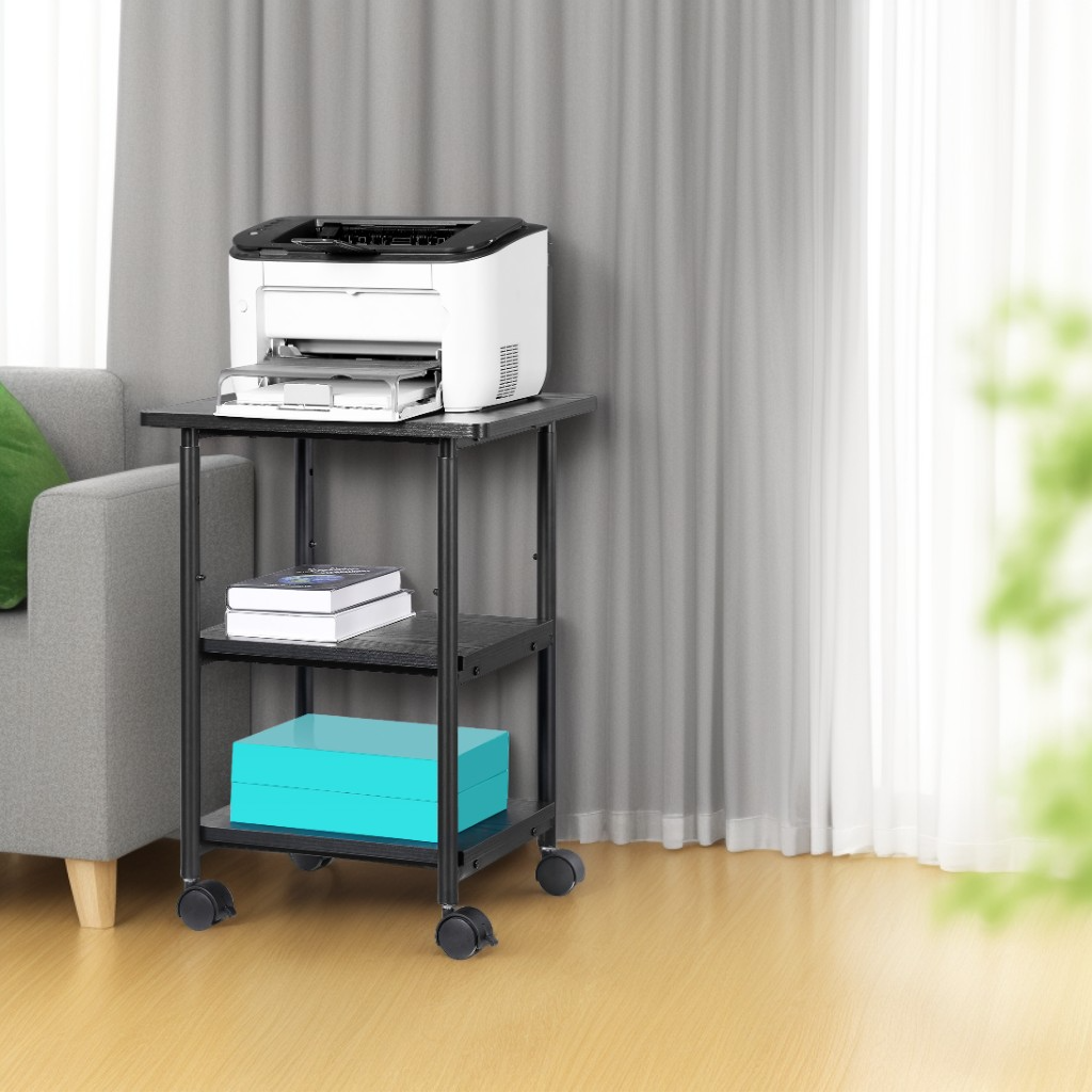 Heavy-Duty Mobile Printer Stand with Locking Wheels, 3-Tier Adjustable Height Cart with Storage Shelf for Home and Office, Ebony Black