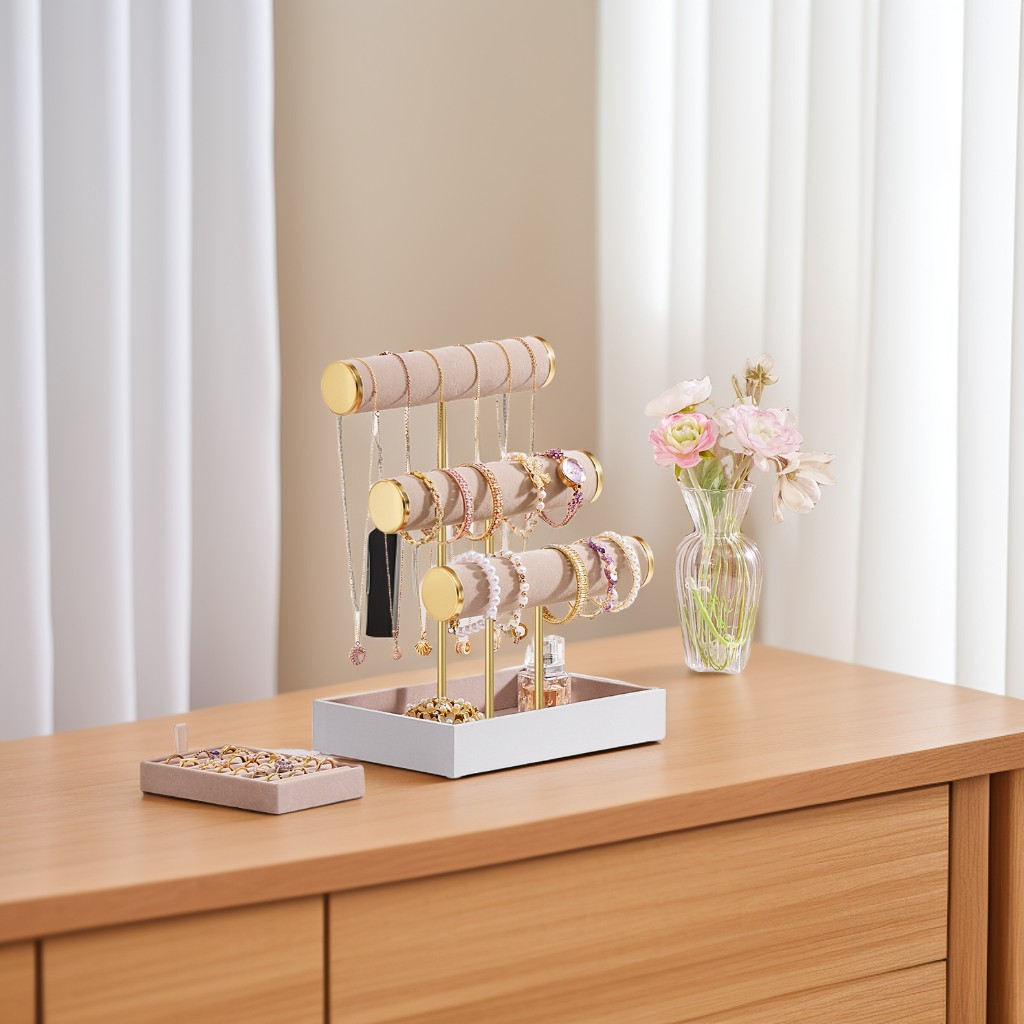 3-Tier Bracelet Holder Stand with Velvet Tray and Removable Ring Holder, Jewelry Display Organizer, Cloud White and Camel Brown