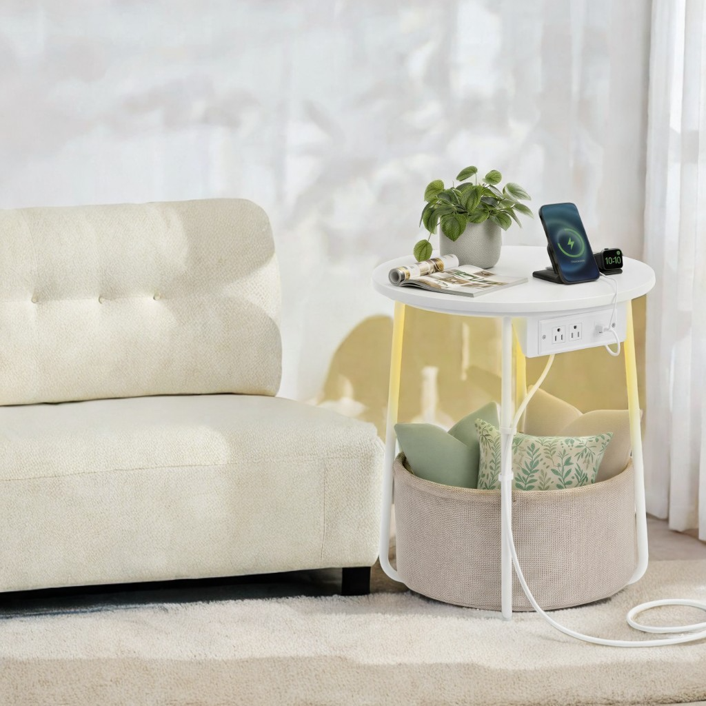Round Side Table with Charging Station & LED Lights, End Table with Fabric Basket, Modern Nightstand for Living Room, Matte White and Camel Brown