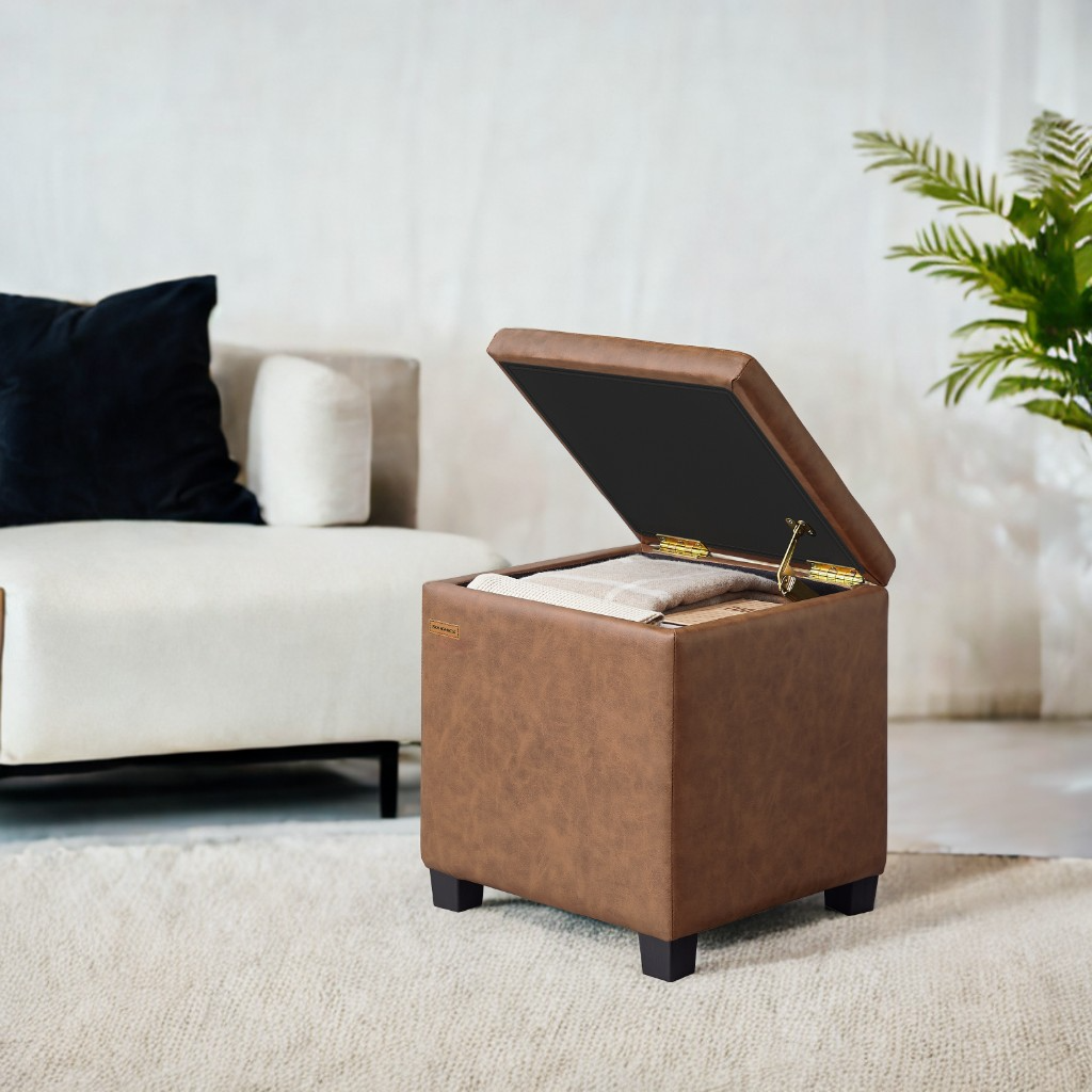 Square Storage Ottoman with Hinged Lid, 14-Gallon Footrest Stool with Solid Wood Frame, Synthetic Leather, for Living Room, Bedroom, 16.9 x 18.1 x 16.9 Inches, Coffee Brown