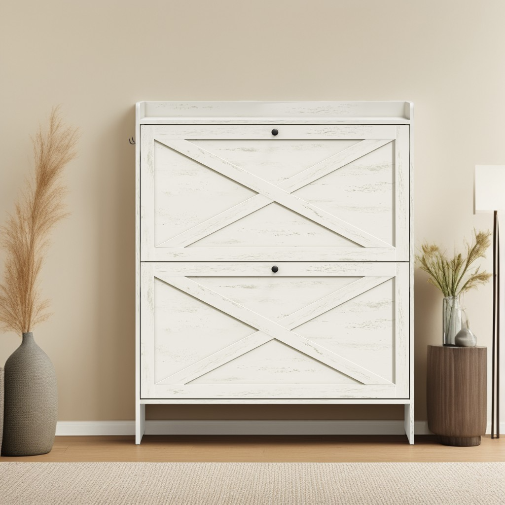 Farmhouse Shoe Storage Cabinet with 2 Flip Drawers, Freestanding Narrow Shoe Rack for Entryway, Fits 14-16 Pairs, Rustic White