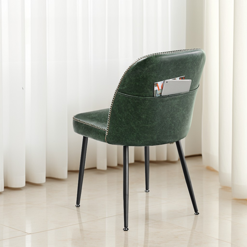 Set of 2 Mid-Century Modern Dining Chairs with Storage Pocket, Upholstered Kitchen Chairs with Synthetic Leather & Stitching, Award-Winning Design, Forest Green