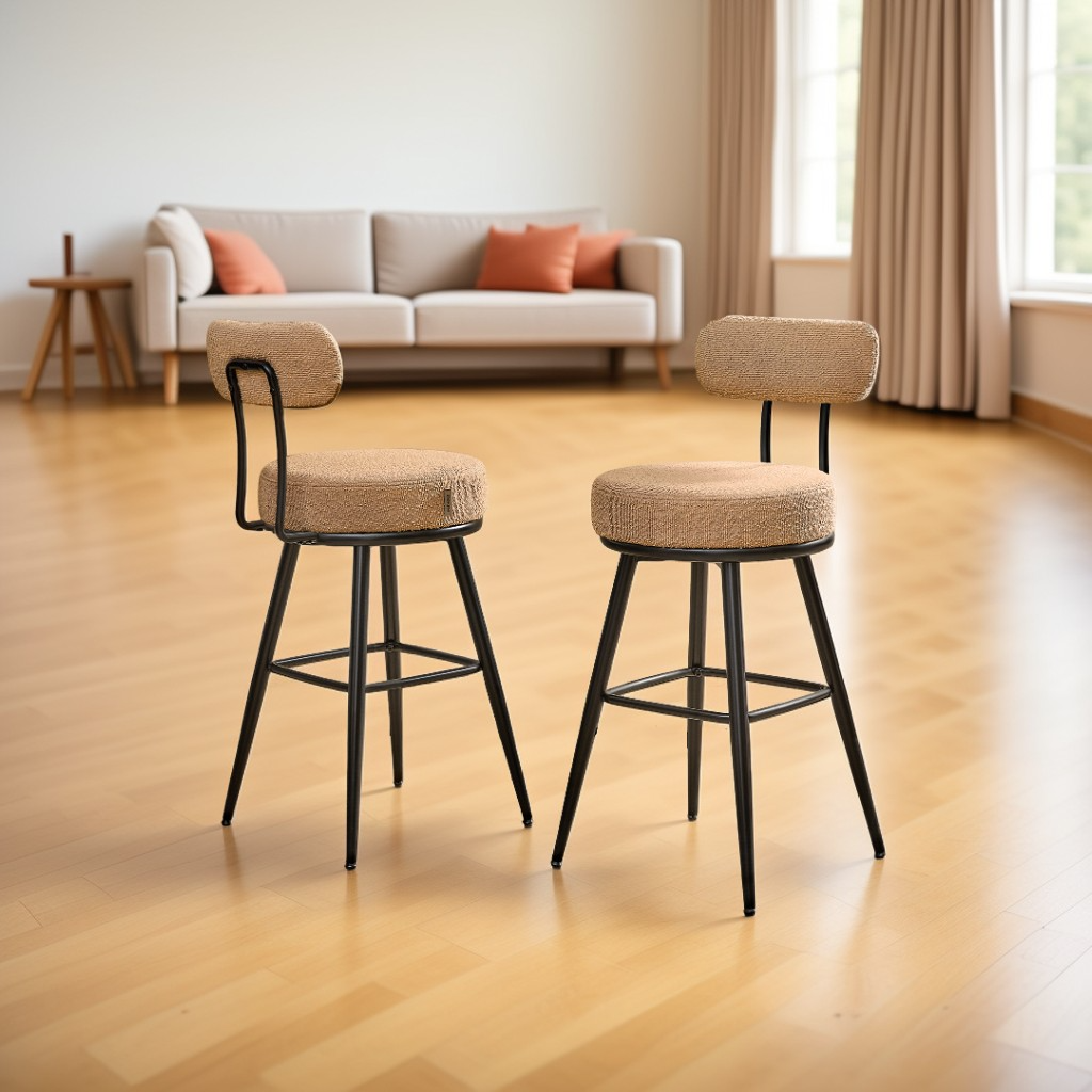 Bar Stools Set of 2, Counter Height Swivel Stools with Boucle Fabric & Curved Back, 360° Rotation Seat, Contemporary Modern Kitchen Island Chairs, Camel Brown