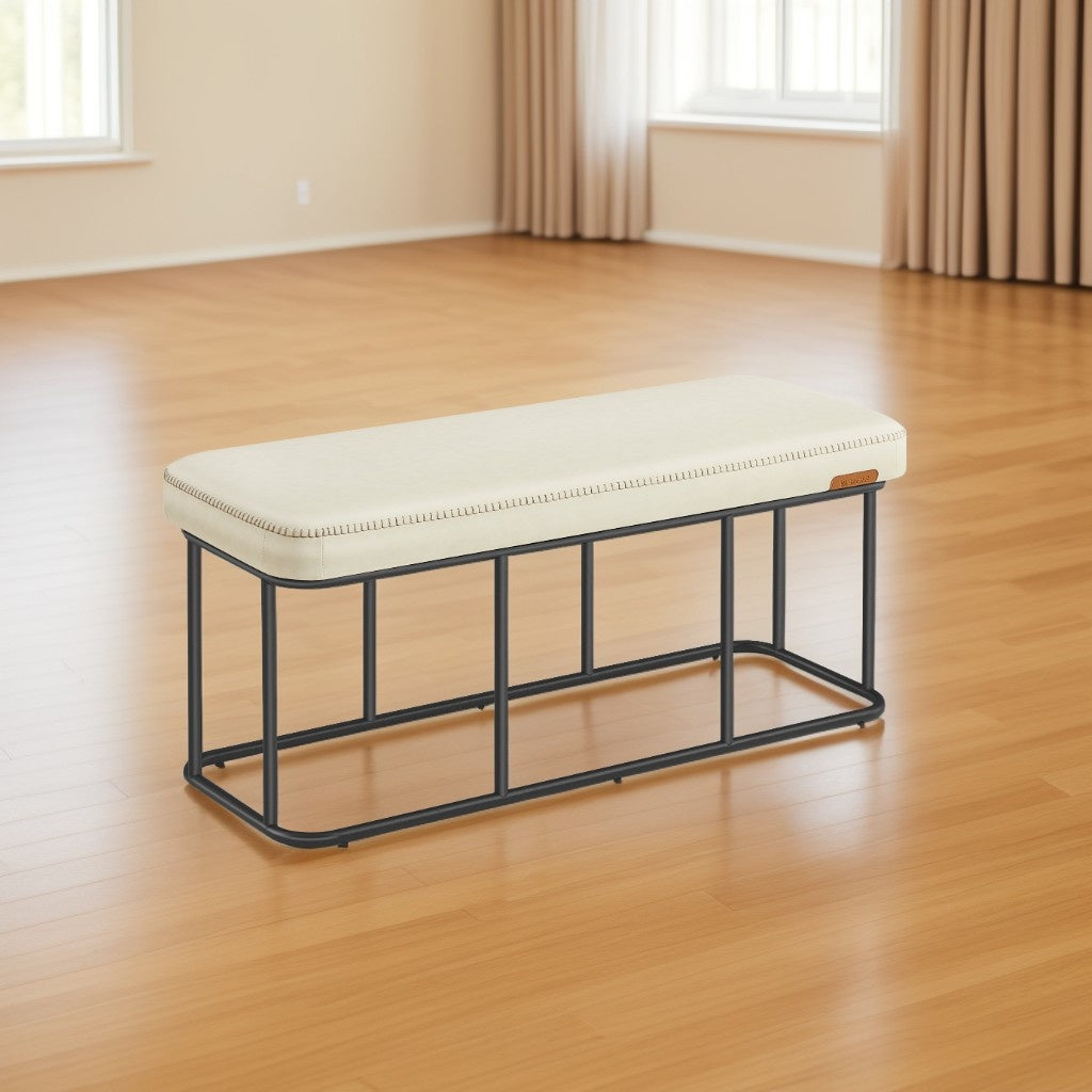 Storage Bench for Entryway, Ottoman Bench with Steel Frame & Synthetic Leather, Mid-Century Modern 43.3-Inch Wide Seat, Cream White