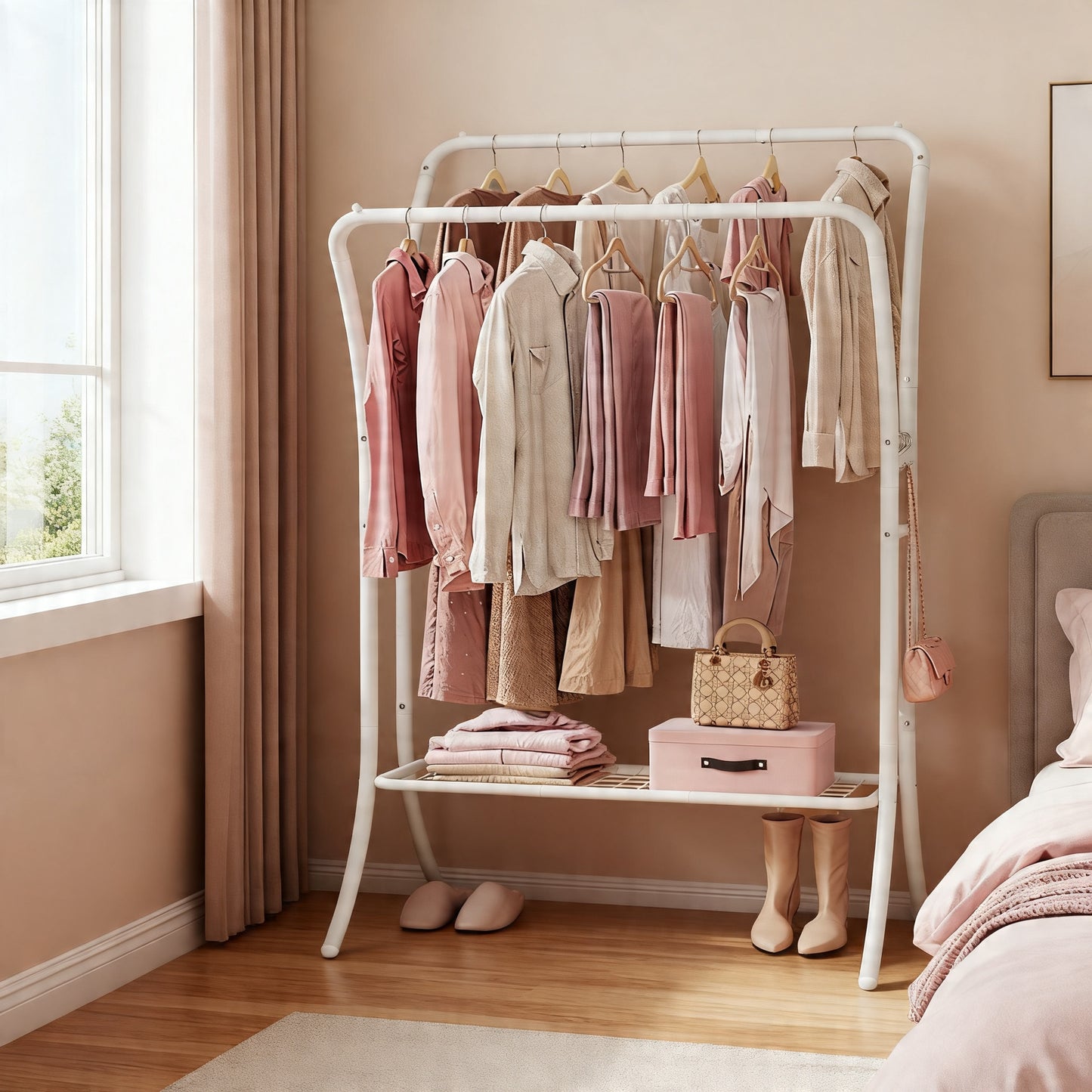 Clothes Rack, Heavy-Duty Garment Rack with Double Rods & Shelves, Clothing Storage with 6 Hooks for Bedroom Living Room, Cloud White