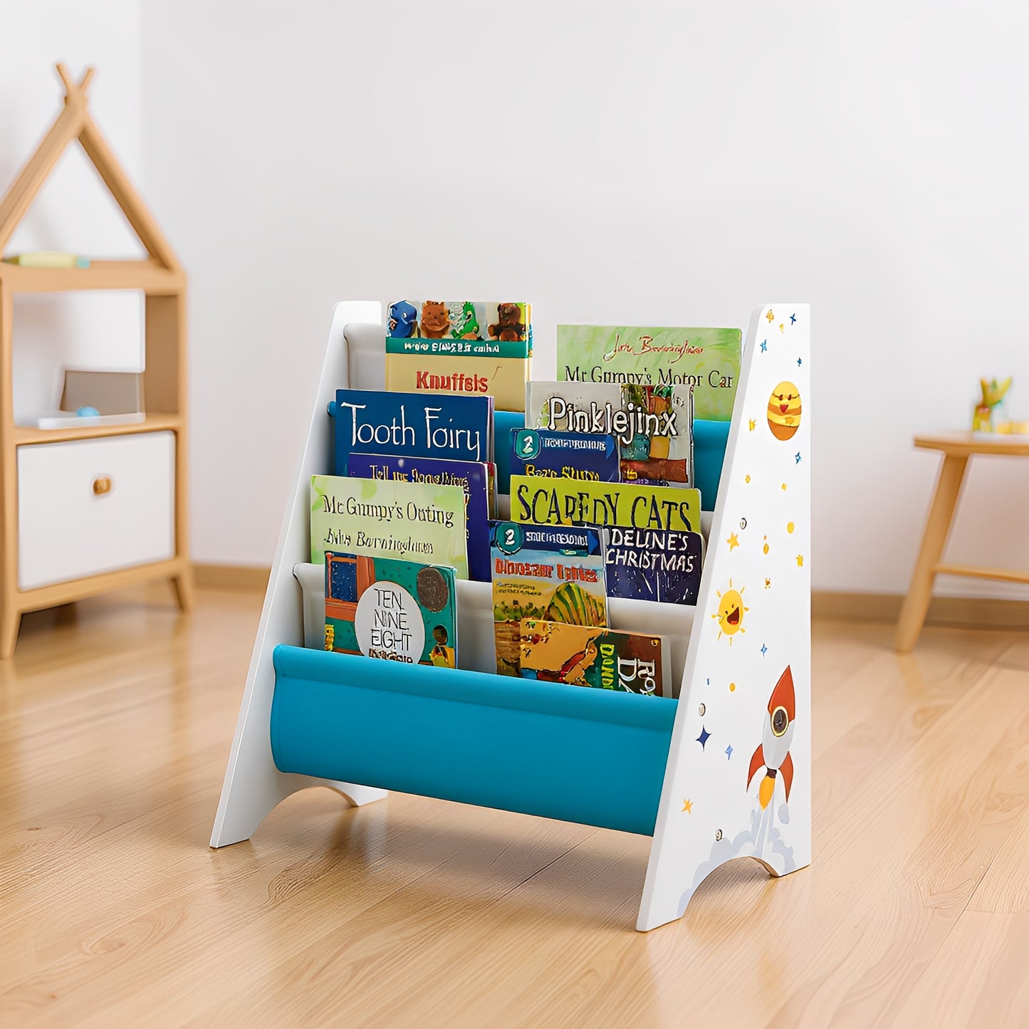 4-Tier Kids Bookcase with Anti-Tip Kit, Space-Saving Bookshelf Organizer for Children's Room, Playroom, Nursery,White, Blue and Gray
