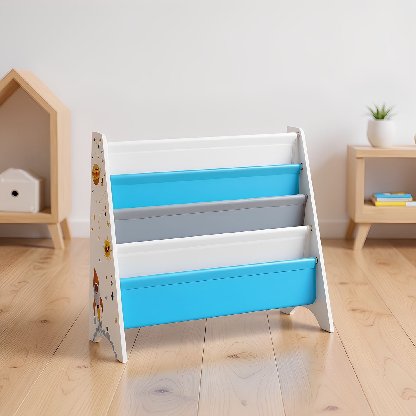 4-Tier Kids Bookcase with Anti-Tip Kit, Space-Saving Bookshelf Organizer for Children's Room, Playroom, Nursery,White, Blue and Gray