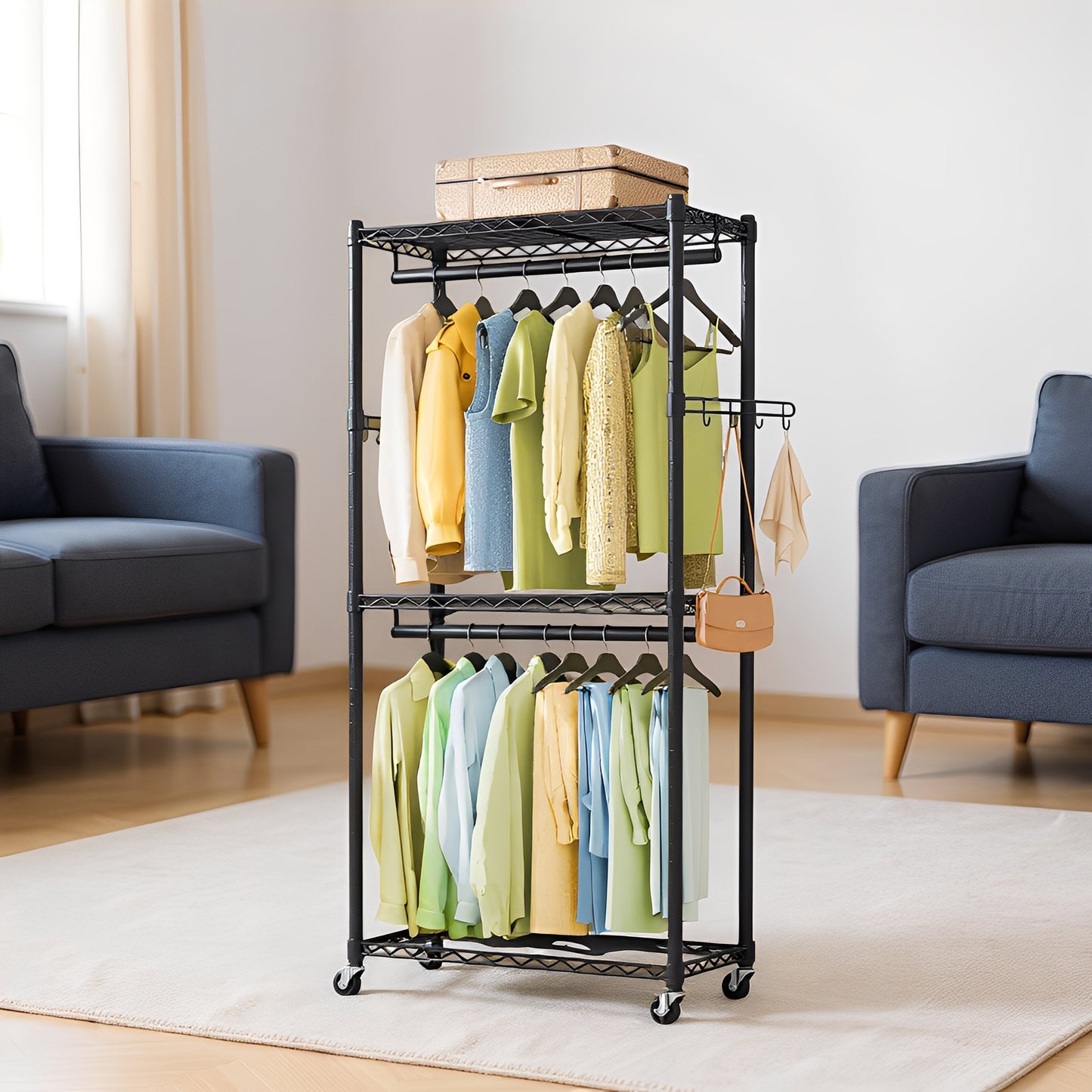 Heavy-Duty Rolling Garment Rack with Adjustable Shelves, 2 Hanging Rails & Wheels, Portable Closet Organizer, Tool-Free Assembly,Black