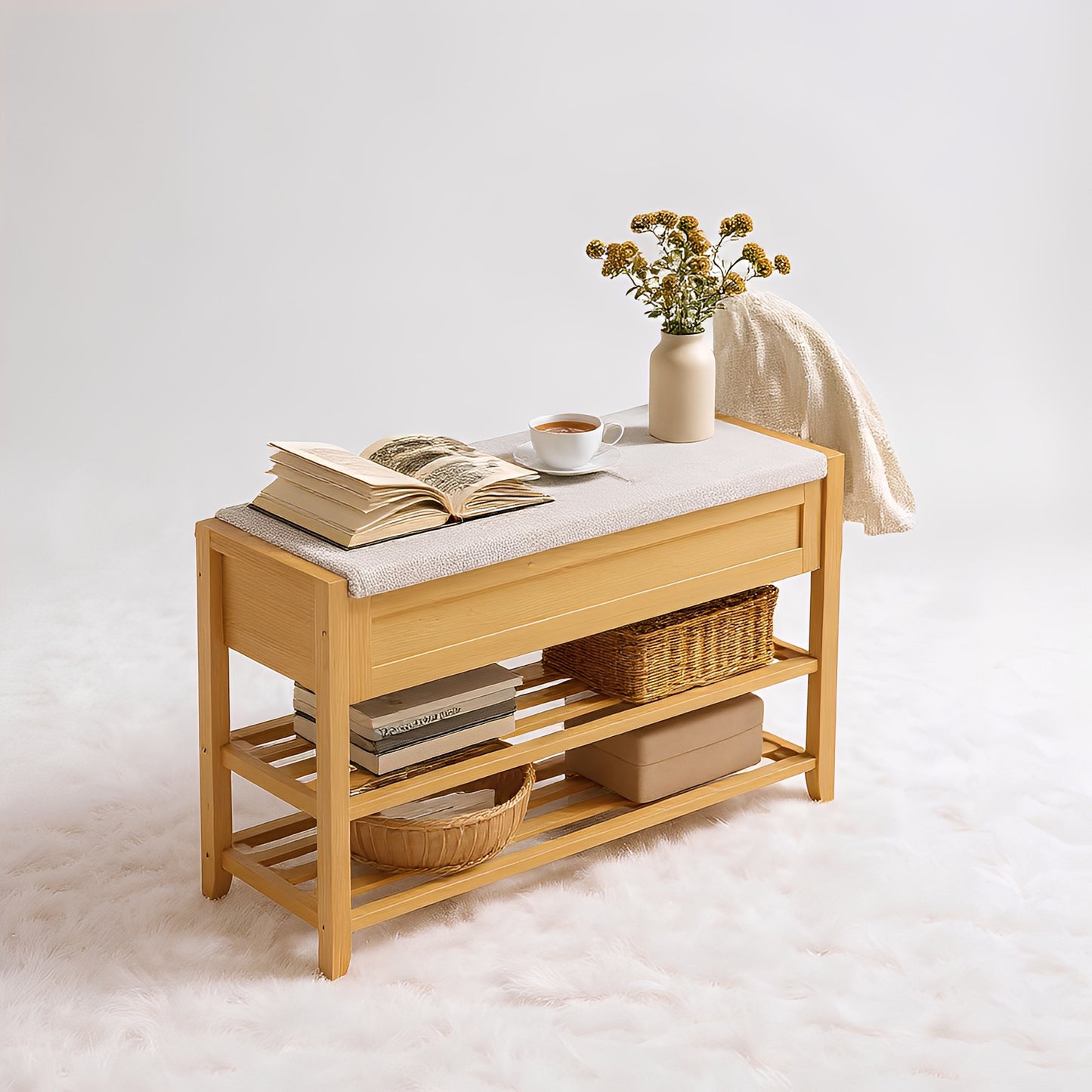 Storage Bench with 2-Tier Shoe Rack, 31.5" Wide Entryway Organizer with Hidden Compartments and Cushioned Seat,Beige