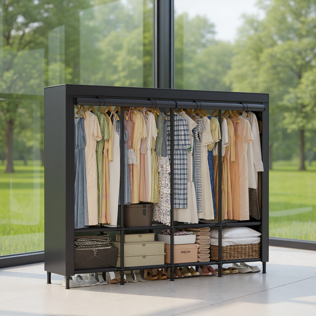 Large Wardrobe Closet Organizer with 4 Rails & 8 Shelves, Freestanding Portable Clothing Rack with Fabric Cover,Dove Gray