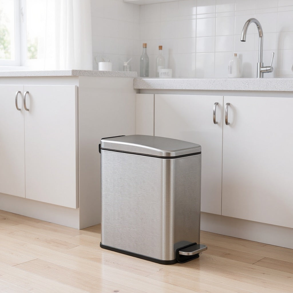 Bathroom Trash Can & Toilet Brush Set, 1.3 Gallon Slim Lid Step Bin with Soft Close - Small Space, Brushed Stainless Steel,Silver